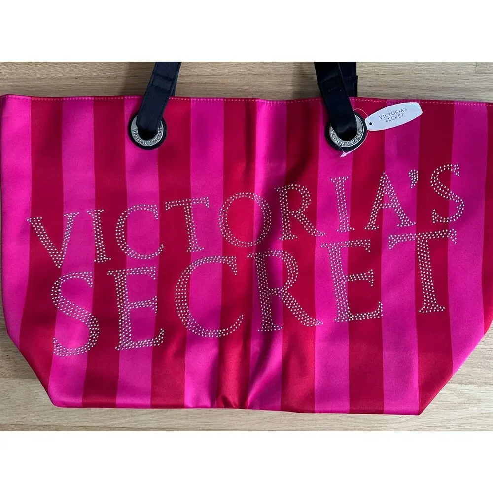 Victoria's Secret Pink Striped Tote Bag NWD Rhinestone Logo Satin Shoulder Bag